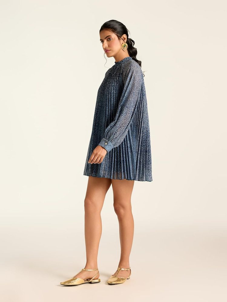 Label RITU KUMAR Navy Angelique Dot Full Sleeves Polka Dot Short Dress