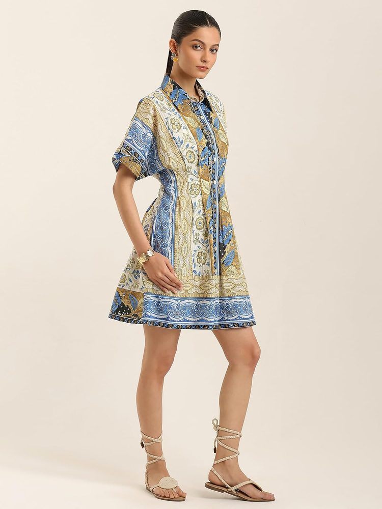 Label RITU KUMAR Blue Ecru Renelle Collar Neck Dress