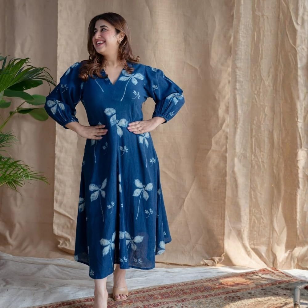 THE INDIAN ETHNIC CO. Women Indigo Dabu Slub Cotton Dress with MUL Lining