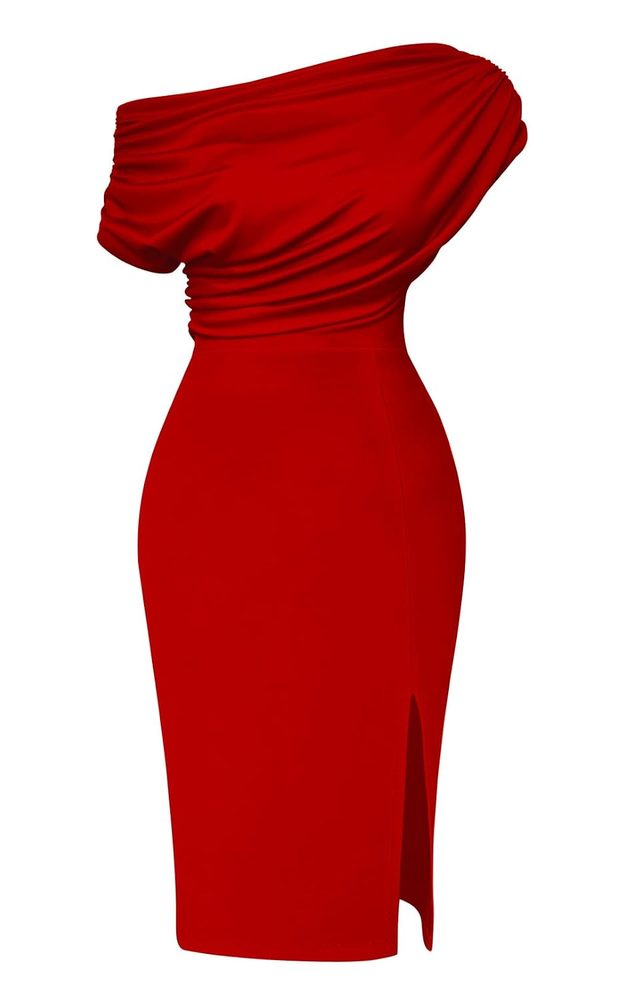 Memoriesea Women's Elegant Off Shoulder Split Hem Bodycon Ruched Midi Club Party Dress