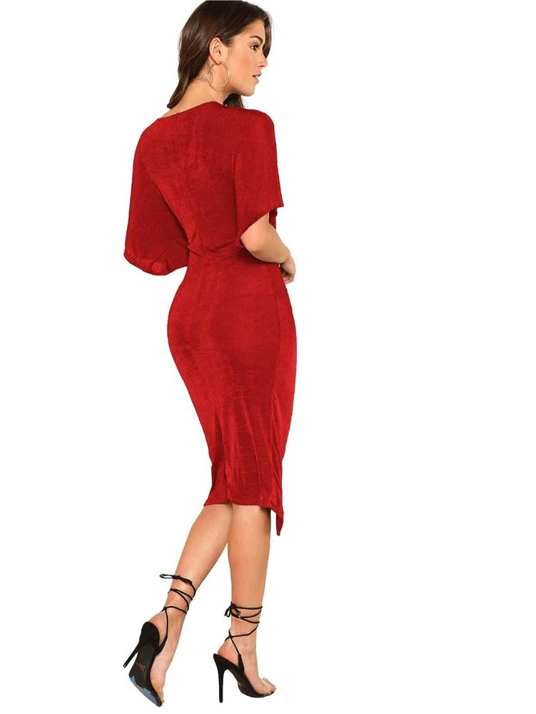 Floerns Women's Short Sleeve V Neck Twist Front Split Midi Dress