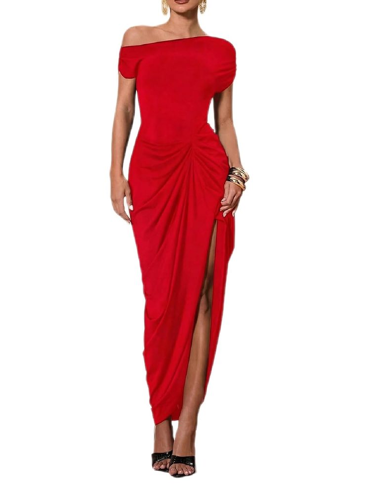 Floerns Women's Elegant Long Dress Asymmetrical Off Shoulder Ruched Slit Bodycon Cocktail Dresses