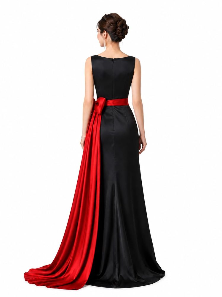 Black Satin Evening Gown with Red Bow Sash