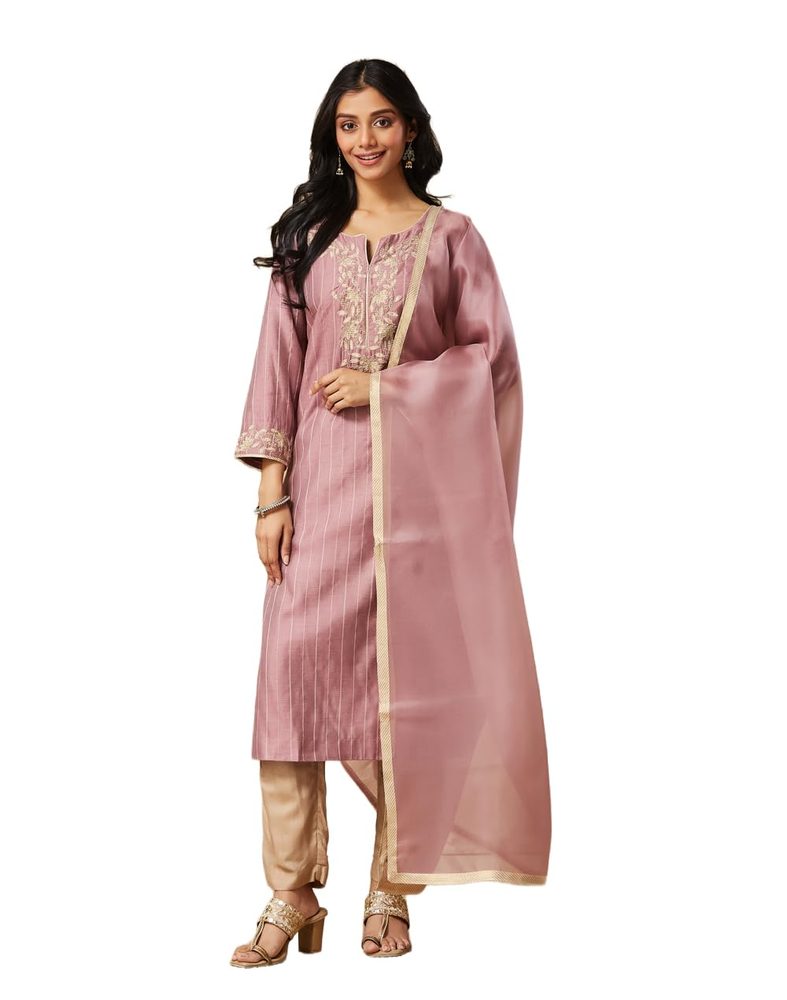 Fabindia Women's Silk Blend Embroidered Regular Fit Straight Kurta and Dupatta Set