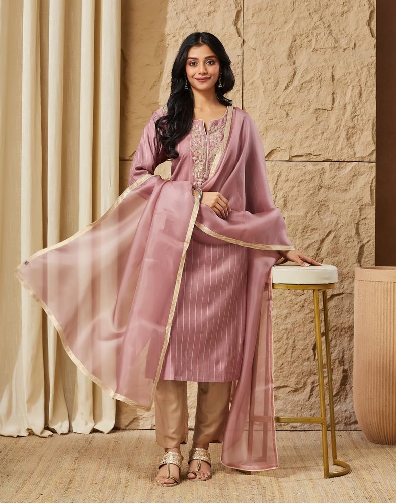Fabindia Women's Silk Blend Embroidered Regular Fit Straight Kurta and Dupatta Set