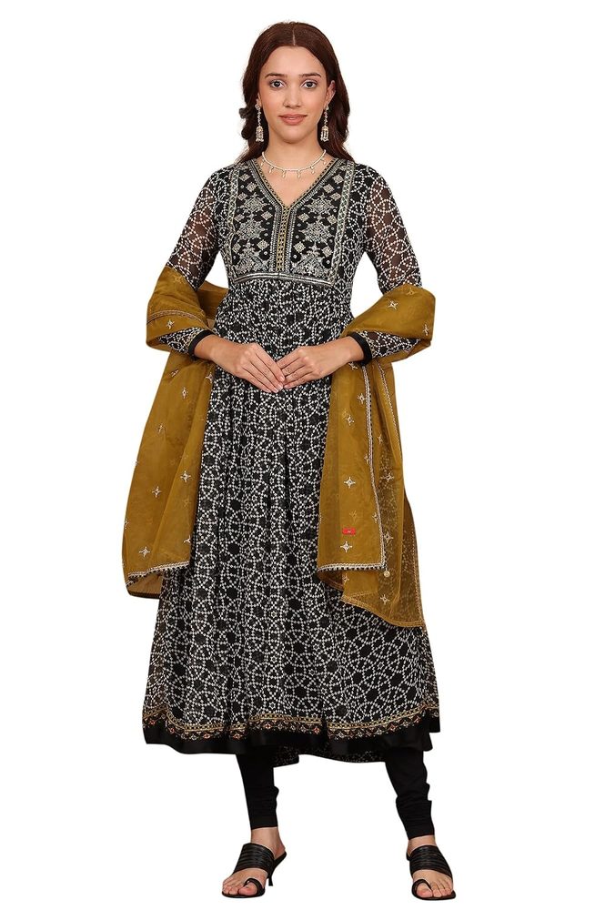 W for Woman Beige Jacquard Sleeveless Embellished Kurta, Pants and Dupatta Set