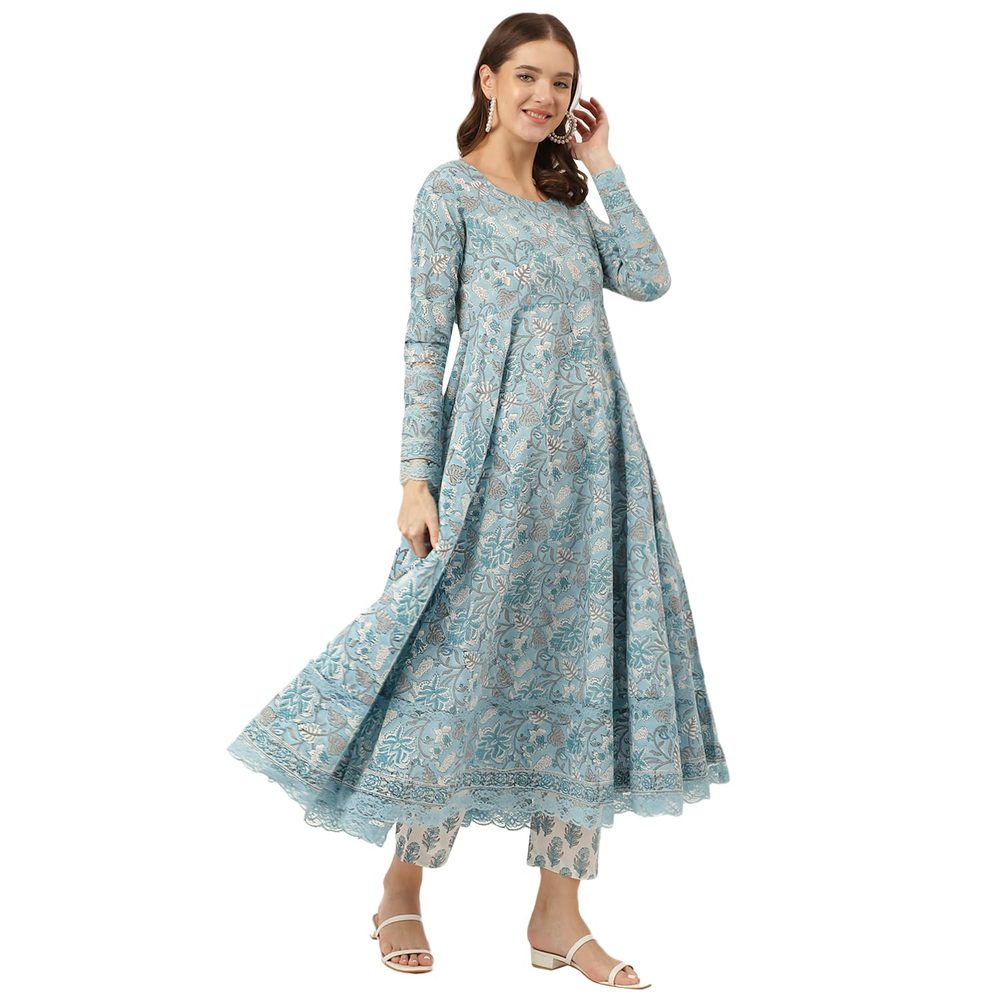 Divena Sky Blue Hand Block Floral Print Cotton Kurta, Trouser With Dupatta