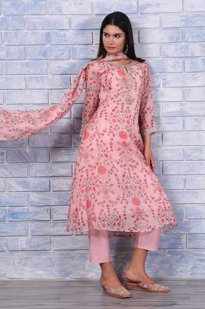 W for Woman Pink Floral Printed Dori Embroidered Organza Flared Kurta, Straight Pant And Dupatta Set