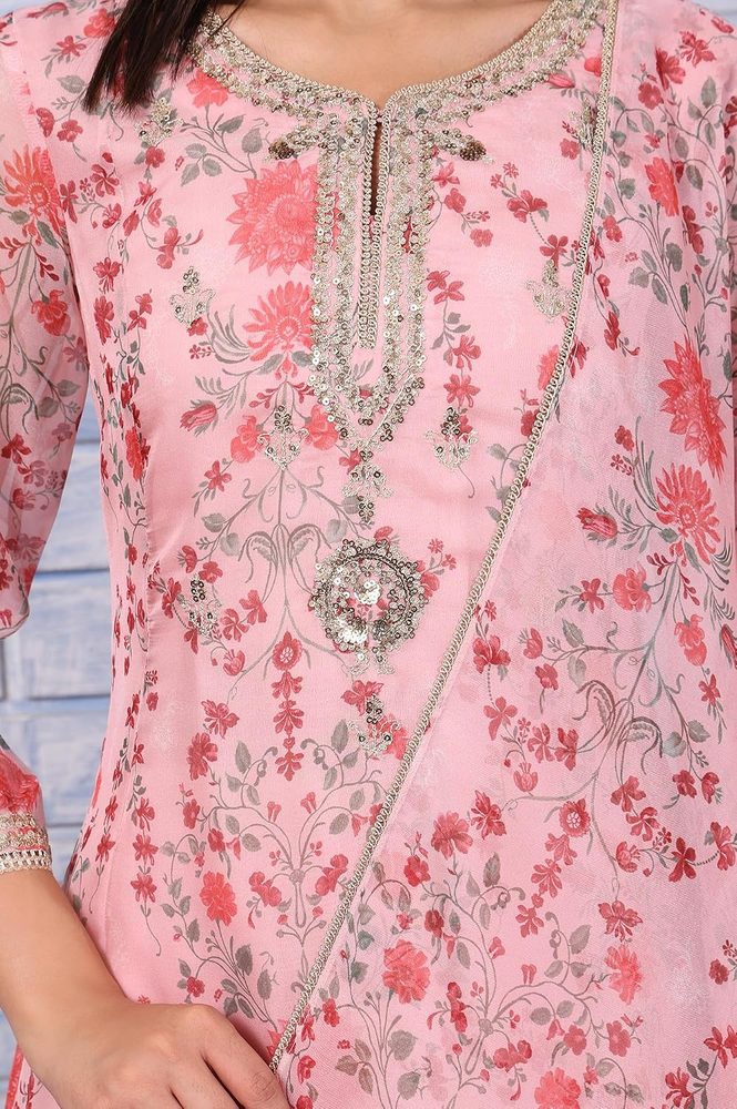 W for Woman Pink Floral Printed Dori Embroidered Organza Flared Kurta, Straight Pant And Dupatta Set