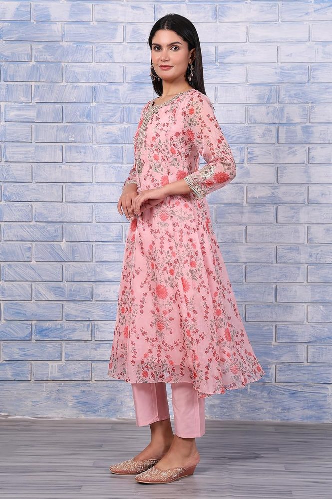 W for Woman Pink Floral Printed Dori Embroidered Organza Flared Kurta, Straight Pant And Dupatta Set
