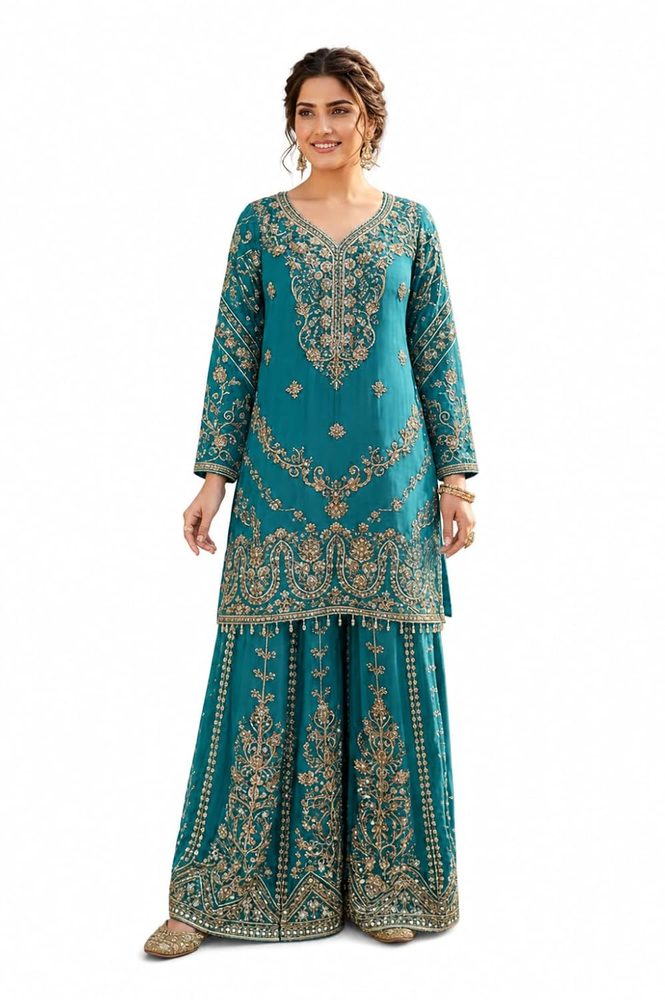 ONeCULTURE Women's Chinon Silk Sequence With Rivet Moti Work Straight Kurta With Sharara and Dupatta Set