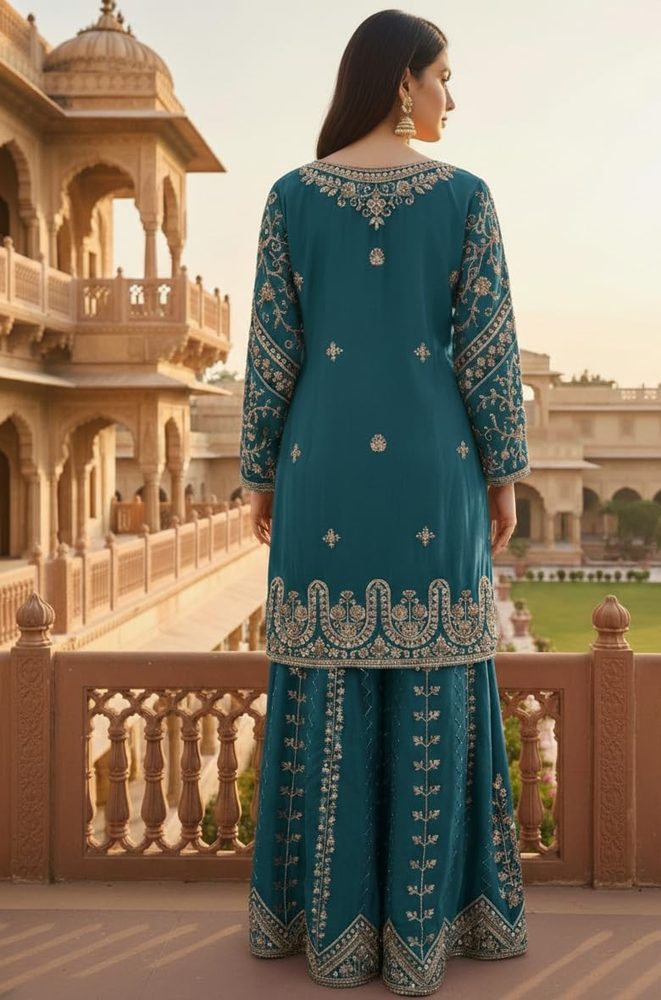 ONeCULTURE Women's Chinon Silk Sequence With Rivet Moti Work Straight Kurta With Sharara and Dupatta Set