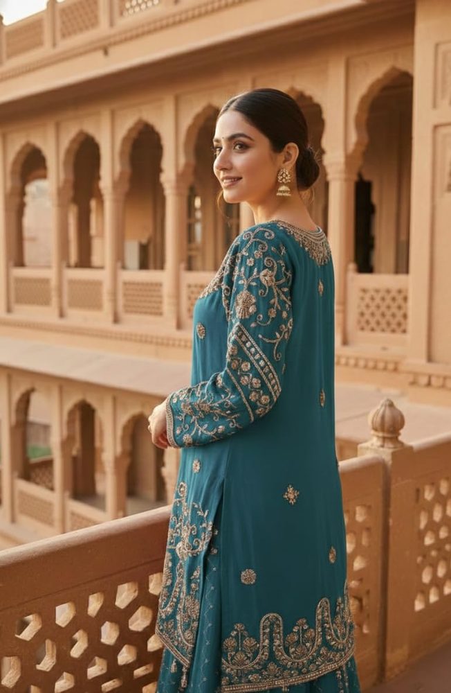 ONeCULTURE Women's Chinon Silk Sequence With Rivet Moti Work Straight Kurta With Sharara and Dupatta Set