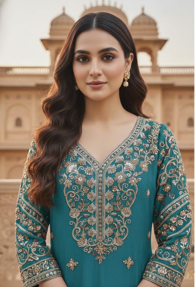 ONeCULTURE Women's Chinon Silk Sequence With Rivet Moti Work Straight Kurta With Sharara and Dupatta Set