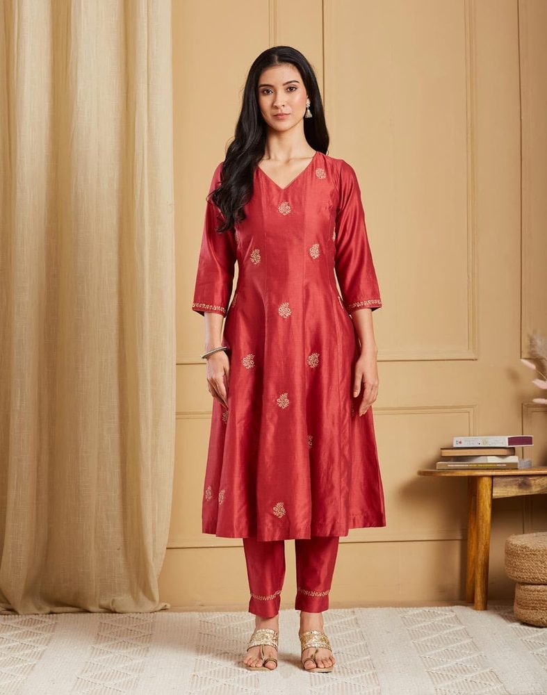 Fabindia Womens Cotton Silk Slim Fit A-Line Kurta Set