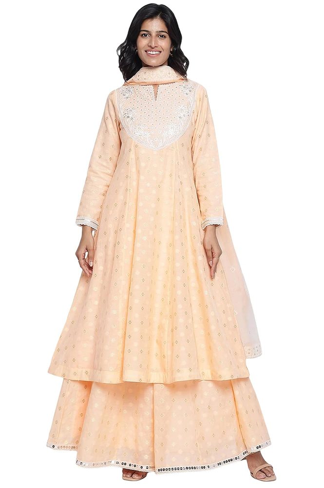 Wishful Women's Peach Yarn Dyed Printed Chandari Jaquard Flared Kurta, Culotte and Dupatta Set