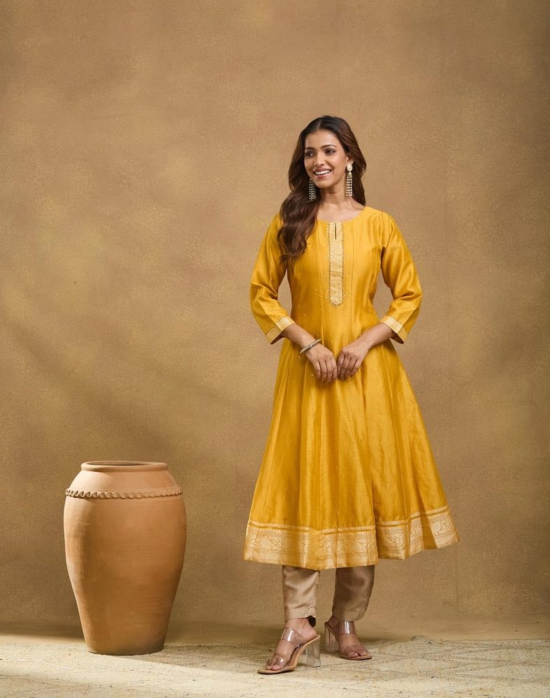 Fabindia Yellow Cotton Silk Hand Embroidered Slim Fit Long Kurta