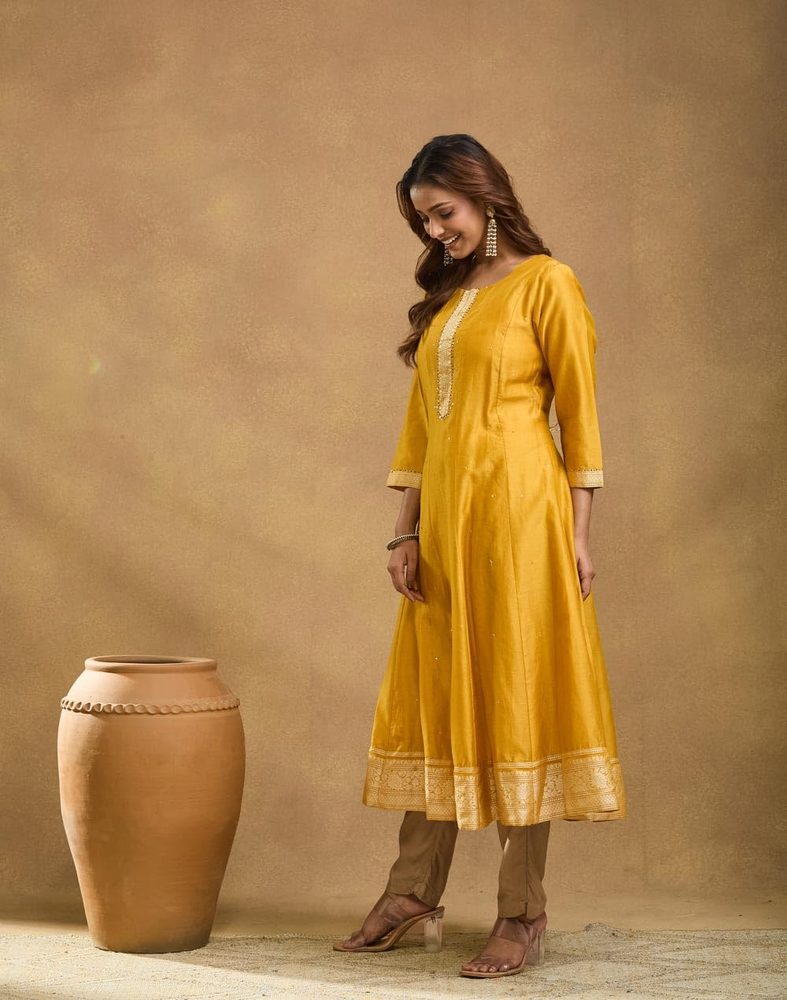 Fabindia Yellow Cotton Silk Hand Embroidered Slim Fit Long Kurta