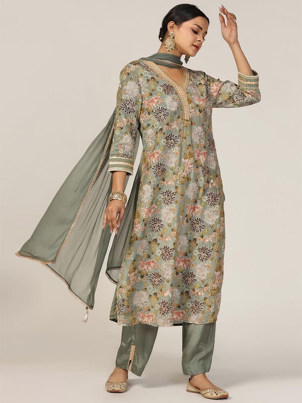 Green Embroidered Crepe Ensemble Kurti XL