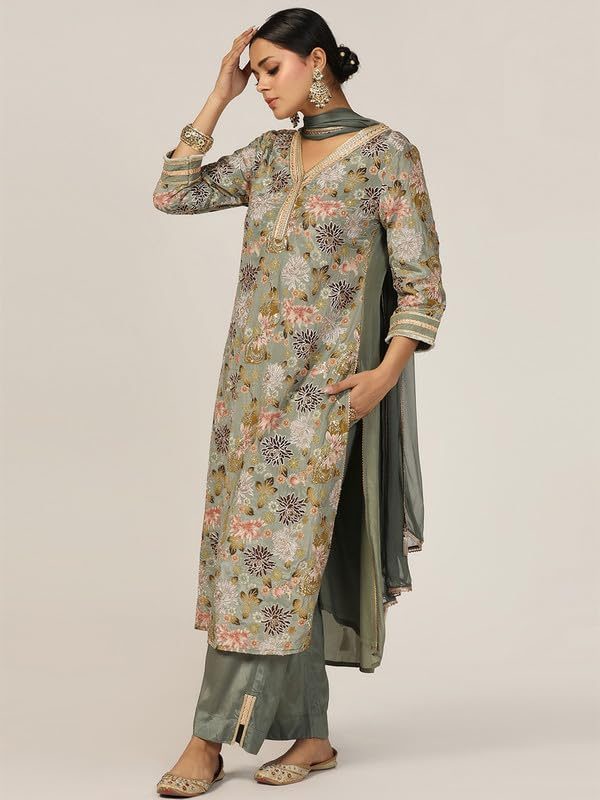 Green Embroidered Crepe Ensemble Kurti XL