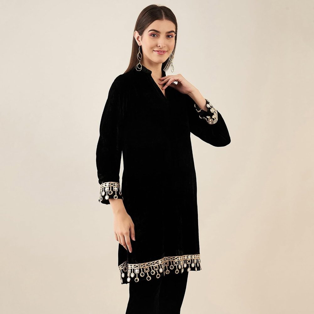 First Resort Black Silk Velvet Kurta with Mirror Lace Detail