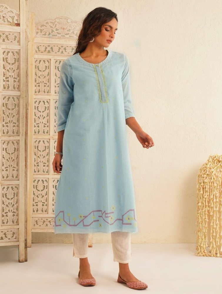 Jaypore Women Blue Cotton Jamdani Mandarin Collar Straight Fit Kurta