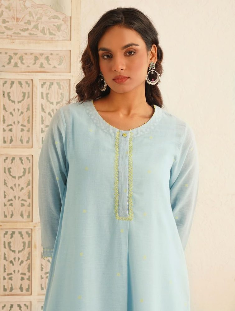 Jaypore Women Blue Cotton Jamdani Mandarin Collar Straight Fit Kurta