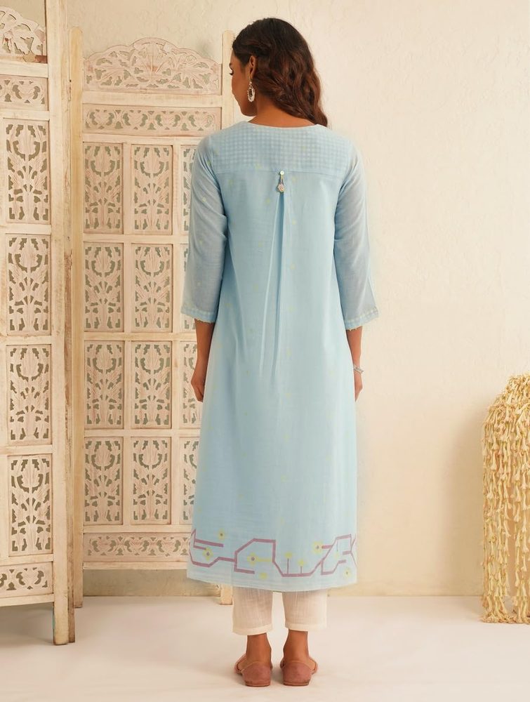 Jaypore Women Blue Cotton Jamdani Mandarin Collar Straight Fit Kurta