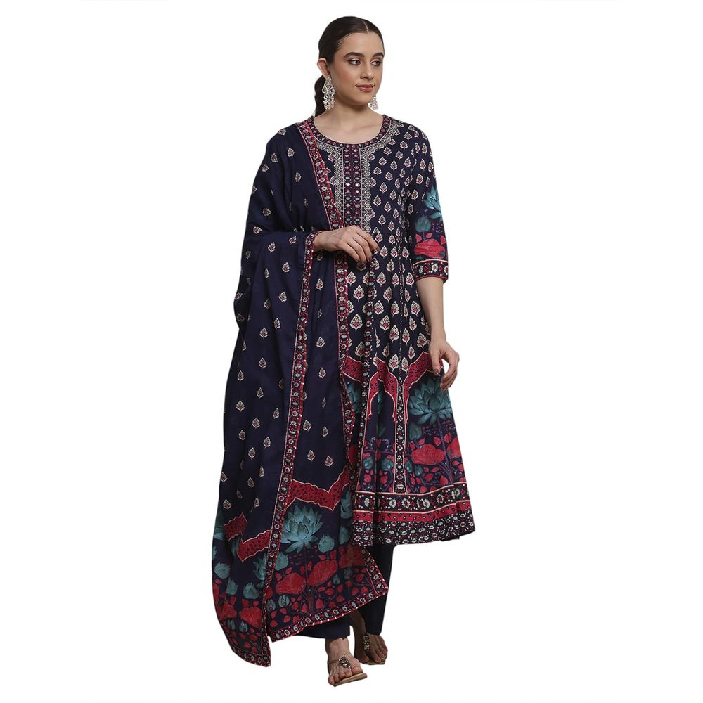 Biba Printed Cotton A-Line Casual Kurta With Palazzo and Dupatta