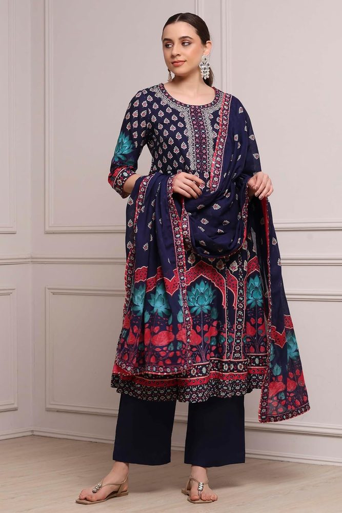 Biba Printed Cotton A-Line Casual Kurta With Palazzo and Dupatta