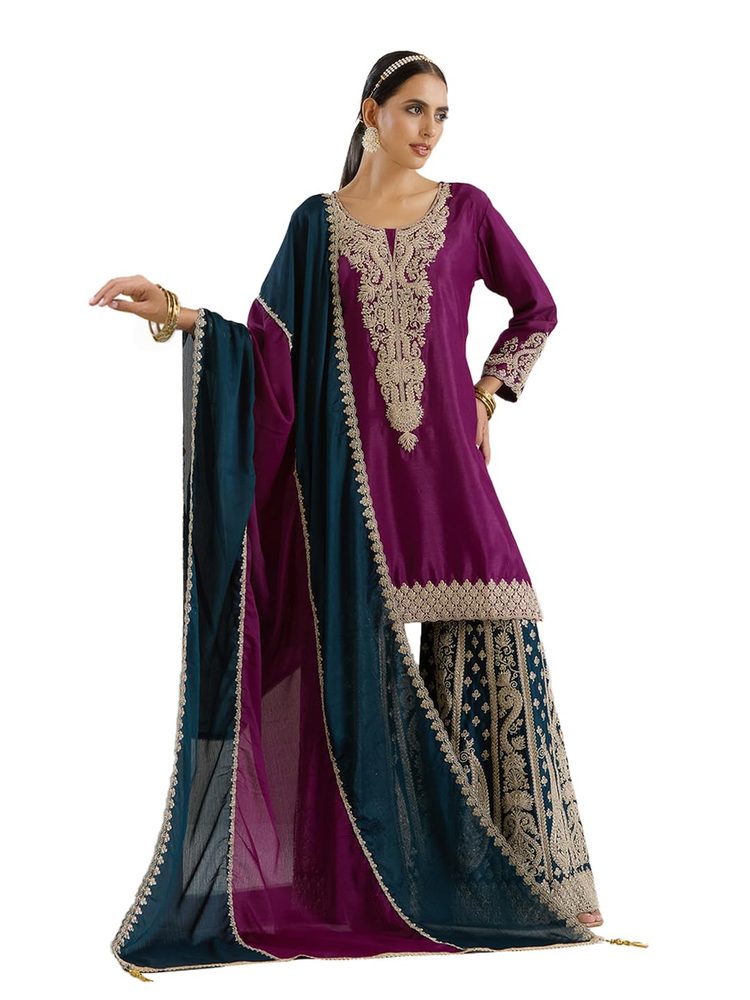 ishin Gold zari embroidered short kurta with embroidered sharara and dupatta