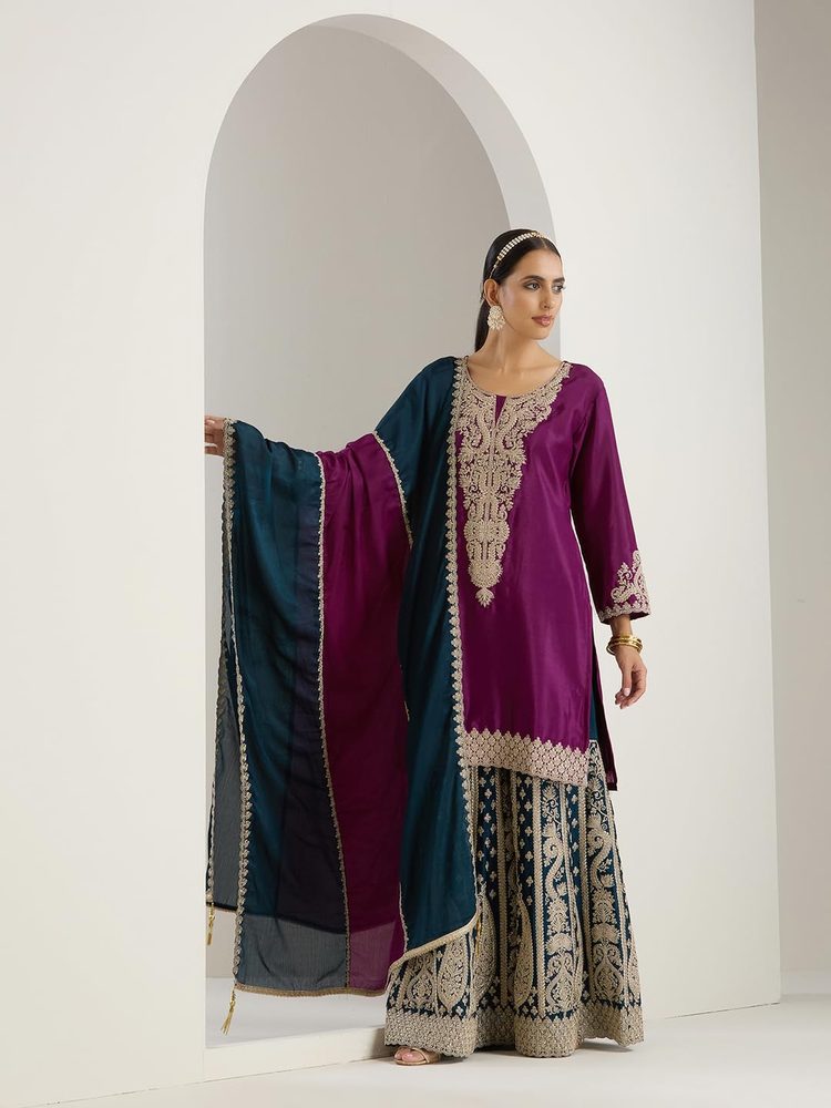ishin Gold zari embroidered short kurta with embroidered sharara and dupatta