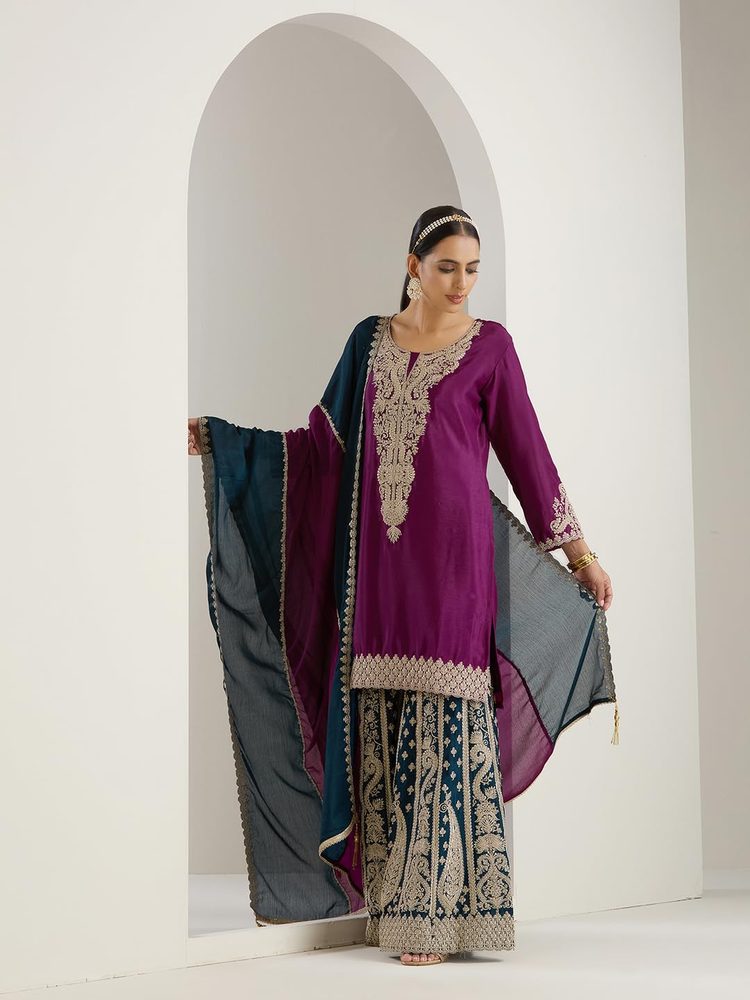 ishin Gold zari embroidered short kurta with embroidered sharara and dupatta