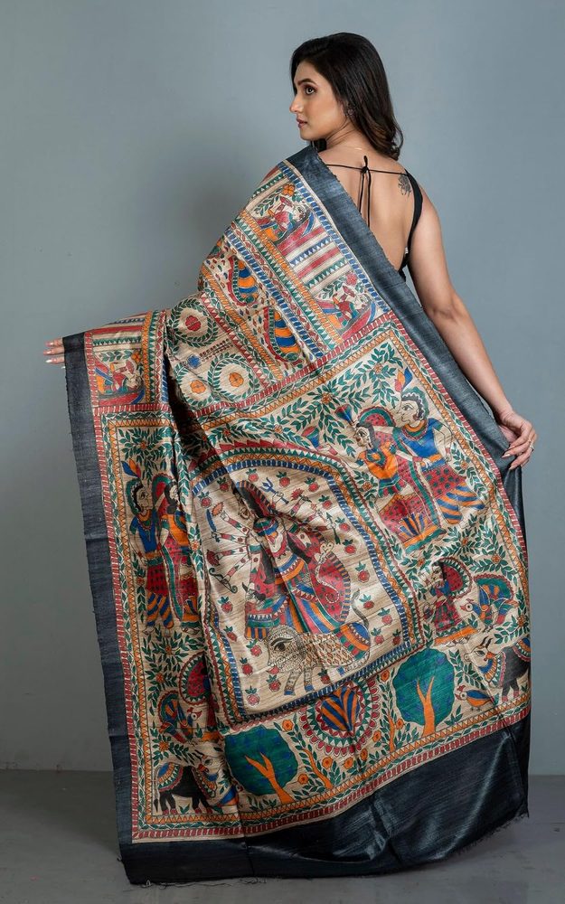 Bengal Looms India Women's Hand Painted Madhubani Art Pure Gicha Tussar Silk Saree with Blouse Piece | Traditional Handcrafted Ethnic Saree for Wedding, Party, Pooja & Festivals