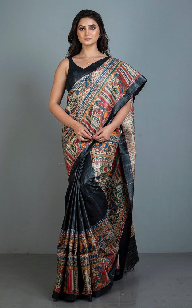Bengal Looms India Women's Hand Painted Madhubani Art Pure Gicha Tussar Silk Saree with Blouse Piece | Traditional Handcrafted Ethnic Saree for Wedding, Party, Pooja & Festivals