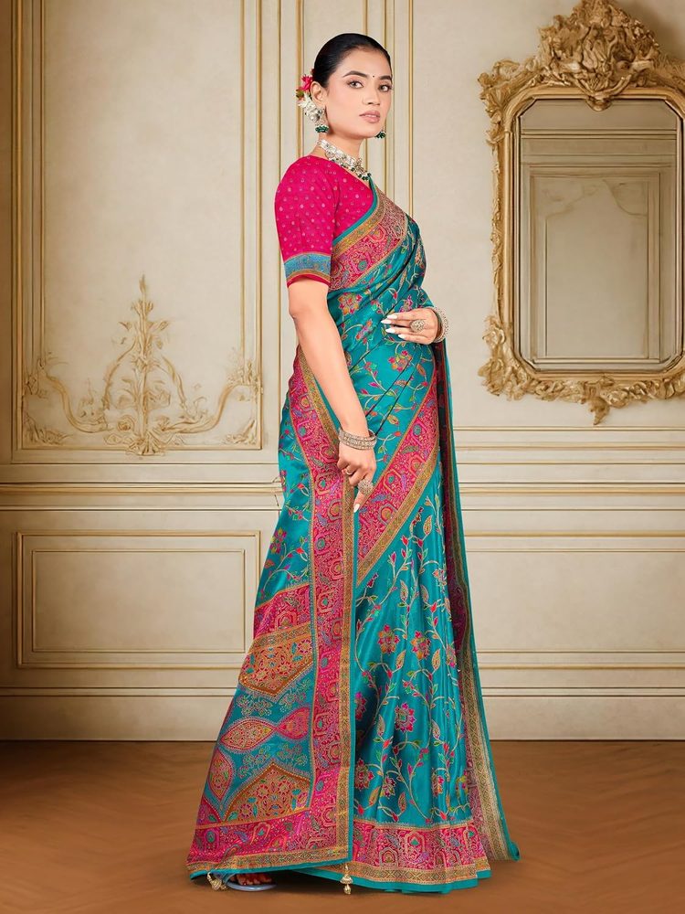 Glory Sarees Women’s Luxurious Dola Pure Silk Original Saree Position Print Work Madhubani Inspired Motifs Banarasi Kanjivaram Style Saree With Blouse Piece (Elegant101_Parent)