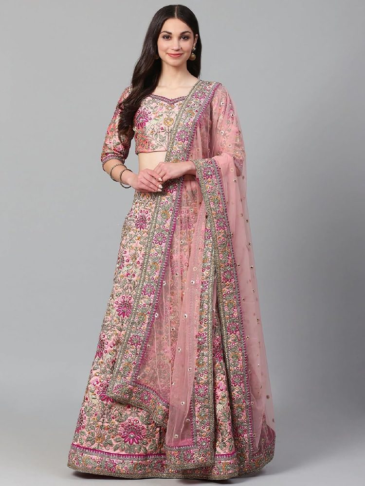 Divine International Trading Co Lehenga Choli Semi-Stitched -Silk with Thread Embroidery, Round Neck - Elegant and Versatile Ethnic Attire