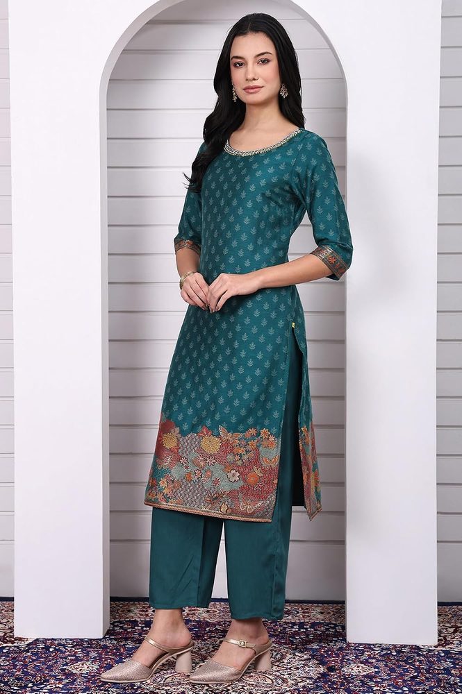 Aurelia Women's Red Floral Printed Hand Work Jacquard Straight Kurta, Palazzo and Dupatta Set