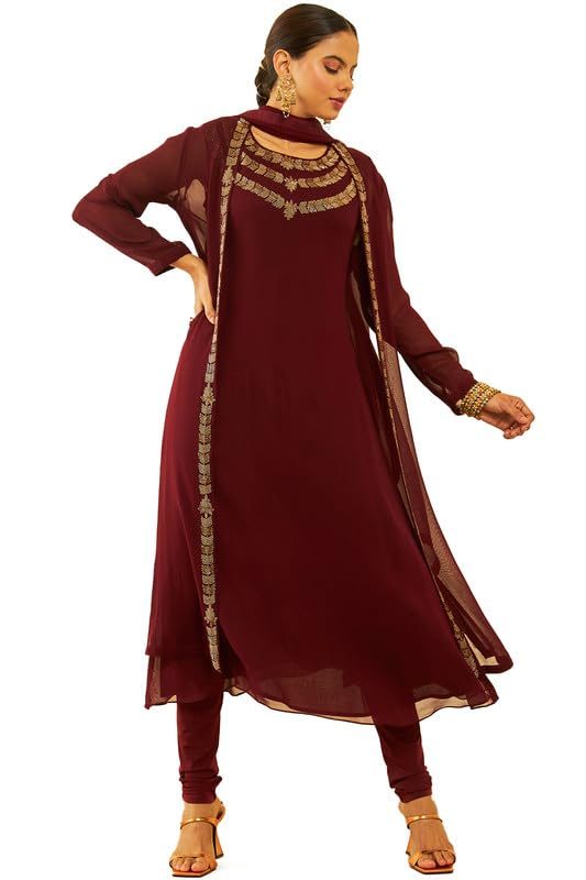 Soch Womens Georgette Cutdana Work Suit Set with Jacket and Dupatta