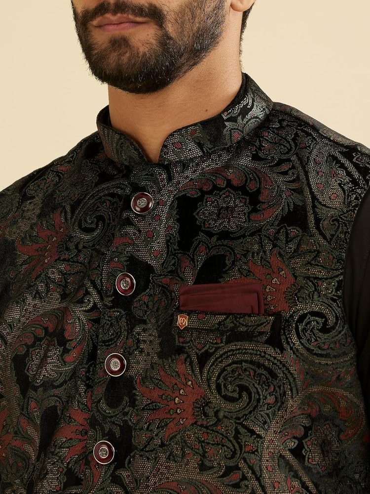 Manyavar Men's Velvet Printed Kurta Jacket Pyjama Set (3pcs)