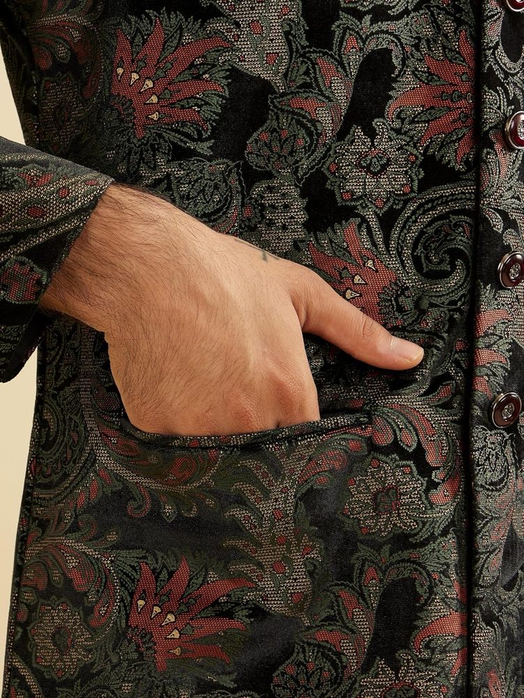 Manyavar Men's Velvet Printed Kurta Jacket Pyjama Set (3pcs)