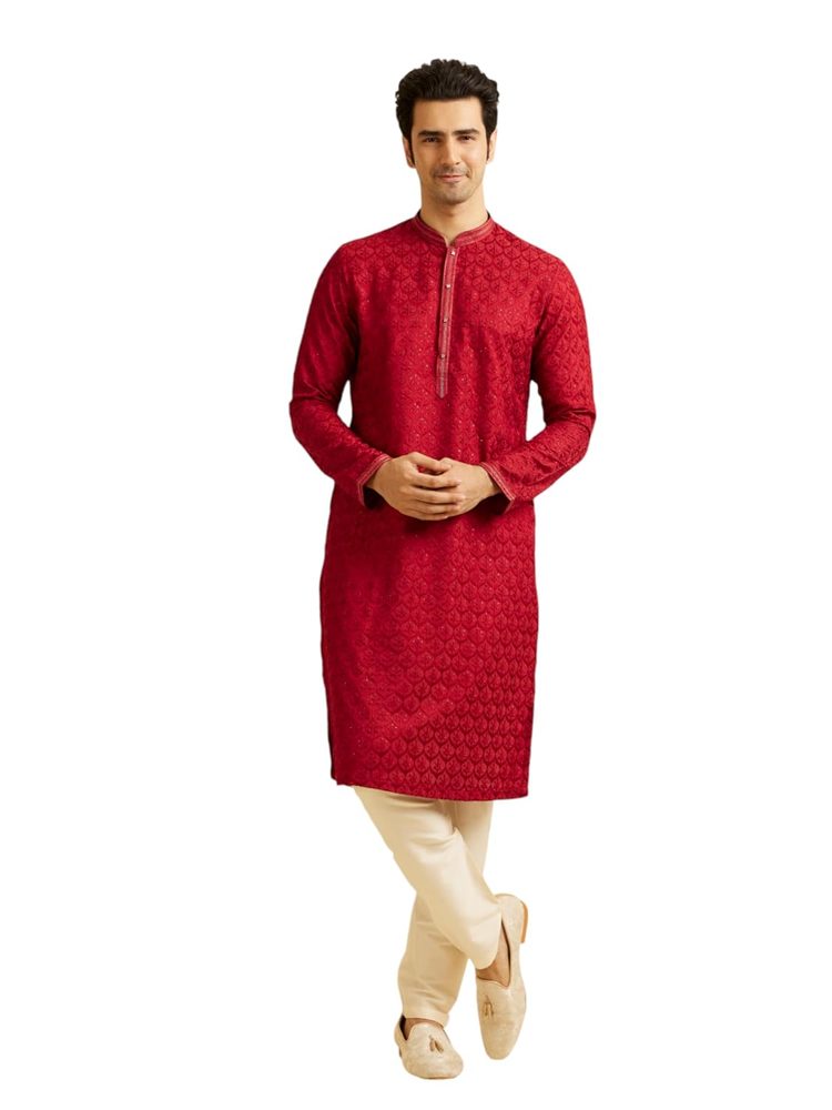 Manyavar Men's Art Silk Jaal Patterned Kurta Set with Rhinestones(2pcs)