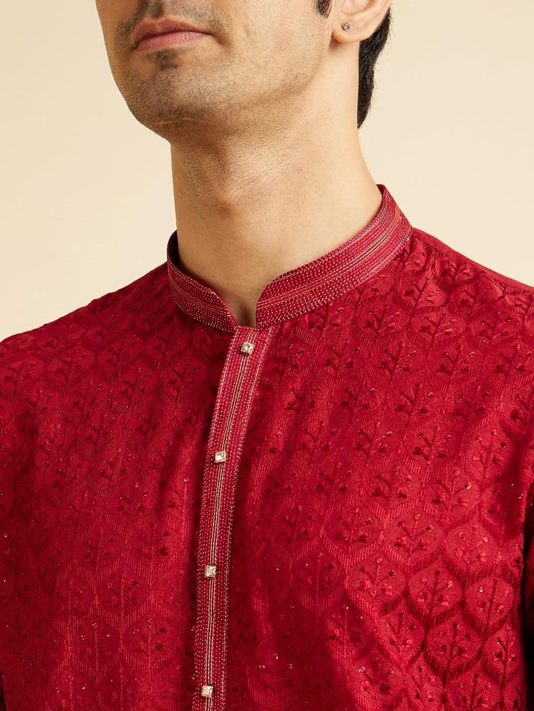Manyavar Men's Art Silk Jaal Patterned Kurta Set with Rhinestones(2pcs)