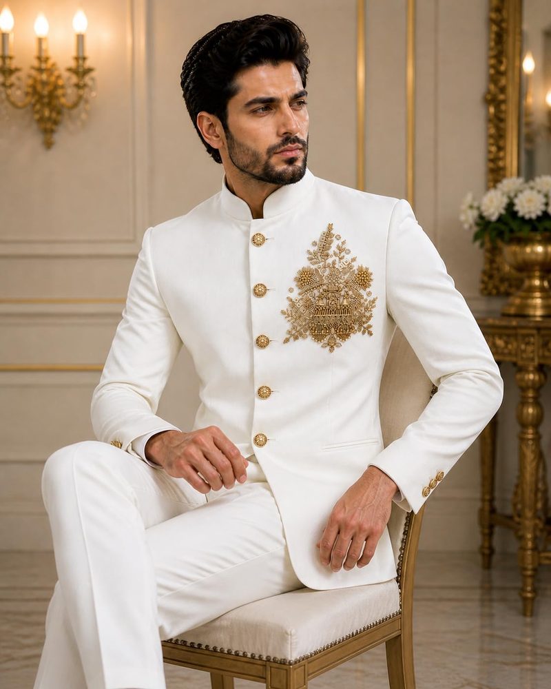 White Bandhgala Wedding Suit