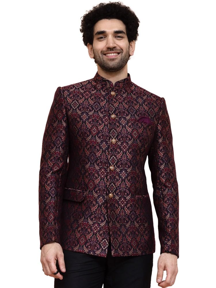 Kisah Men Maroon Ethnic Motifs Bandhgala