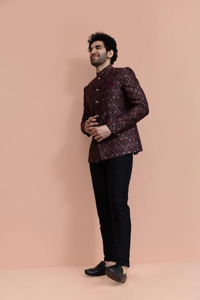 Kisah Men Maroon Ethnic Motifs Bandhgala