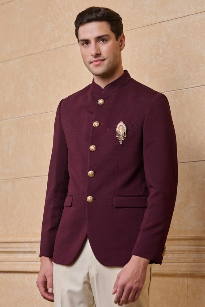 TASVA Wine Classic Knit Bandhgala For Men