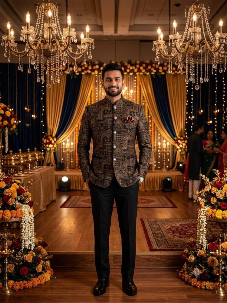 Men's Designer Black and Gold Embroidered Jodhpuri Bandhgala Suit Blazer