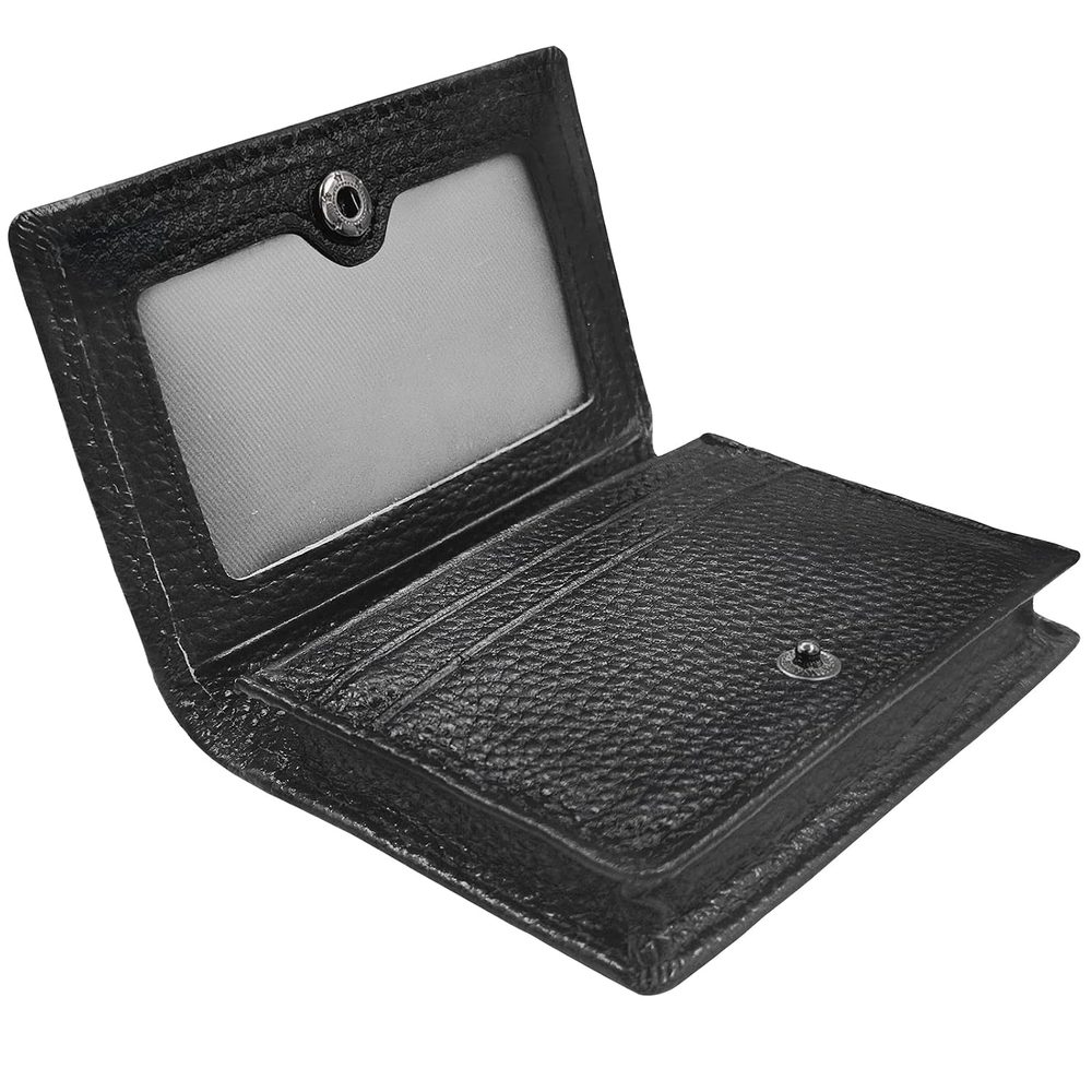 Genuine Leather Business Card Holder Name Card Case Credit Card Wallet with ID Window RFID Blocking (Black with Button)