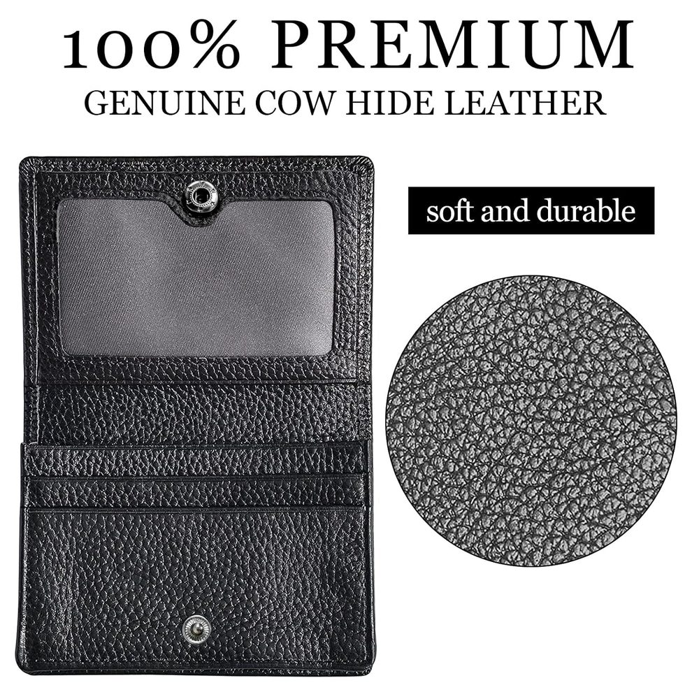 Genuine Leather Business Card Holder Name Card Case Credit Card Wallet with ID Window RFID Blocking (Black with Button)